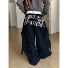 批发美式复古侧边大口袋阔腿工装裤男女宽松休闲百搭拖地长裤