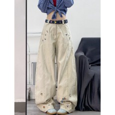 批发卡通绣花设计感阔腿<b class='q'>牛仔裤</b>女美式复古秋季新款宽松阔腿弯刀裤子潮