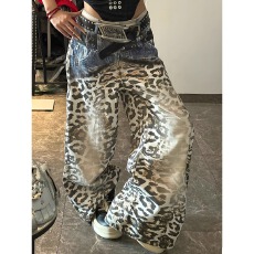 批发大码美式复古水洗豹纹印花弯刀<b class='q'>牛仔裤</b>男女街头痞帅宽松显瘦阔腿裤