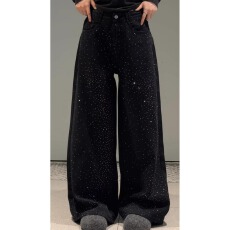 批发美式复古满天星烫钻黑色阔腿裤女大码宽松显瘦炸街时髦休闲<b class='q'>牛仔裤</b>