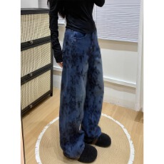 批发美式辣妹宽松慵懒松弛感加绒加厚<b class='q'>牛仔裤</b>子女复古扩图提花拖地长裤