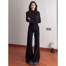 批发美式黑色微喇<b class='q'>牛仔裤</b>女秋冬新款低腰<b class='q'>显瘦</b>阔腿裤小个子拖地长裤