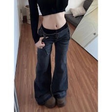 批发美式高街水洗牛仔<b class='q'>裤</b>女秋冬季2025新款宽松低腰窄版直筒微喇阔腿<b class='q'>裤</b>