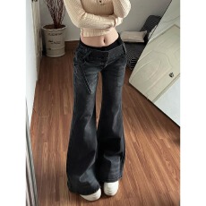 批发黑灰色复古修身微喇<b class='q'>牛仔裤</b>裤子女2025秋冬季新款低腰<b class='q'>显瘦</b>拖地长裤