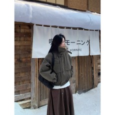 批发美式复古工装短款棉服皮夹克<b class='q'>外套</b>女秋冬季设计感可拆卸毛领上衣潮