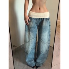 批发美式vibe<b class='q'>大码</b>复古设计感螺纹腰头牛仔裤女高街辣妹做旧水洗拖地裤