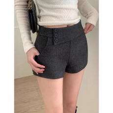 批发灰色毛呢<b class='q'>短裤</b>女冬季新款显瘦韩版中高腰紧身包臀呢子直筒靴裤