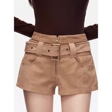 批发美式复古辣妹风麂皮<b class='q'>短裤</b>女秋冬新款高腰显瘦腰带设计百搭A字热裤