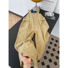 批发实拍~卡其色高腰背带牛仔裤女春季宽松显瘦垂感百搭连体<b class='q'>长裤</b>