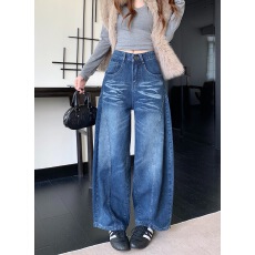 批发实拍~辣妹水洗波纹做旧牛仔阔腿裤女春季气质松弛感显瘦直筒<b class='q'>长裤</b>