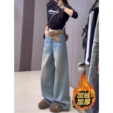 批发复古浅蓝色加绒阔腿牛仔裤女秋<b class='q'>冬</b>季新款宽松遮胯高腰直筒拖地裤