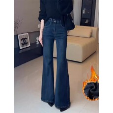 批发高个子加长复古深蓝加绒不贴腿微喇叭牛仔裤女秋<b class='q'>冬</b>高腰弹力拖地裤