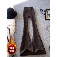 批发豹纹高腰弹力加绒微喇叭牛仔裤女秋<b class='q'>冬</b>季高个子加长修身马蹄拖地裤