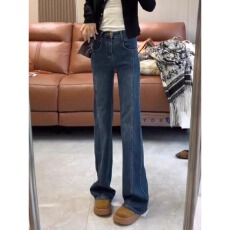 批发复古蓝加绒微喇牛仔裤女秋<b class='q'>冬</b>新款高腰修身显瘦窄版直筒马蹄裤