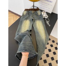 批发实拍~美式复古水洗做旧微喇牛仔裤女设计感拼接腰头垂感<b class='q'>休闲</b>裤