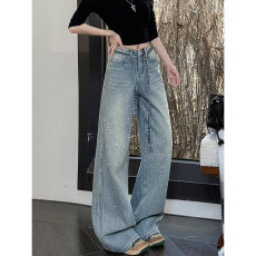 批发175高个子满天星烫钻阔腿牛仔<b class='q'>裤</b>女2026新款高腰显瘦宽松直筒<b class='q'>裤</b>子