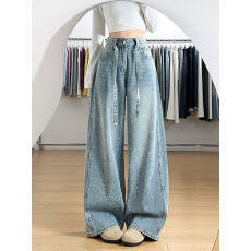 批发175高个子高腰烫钻阔腿牛仔<b class='q'>裤</b>女2026春新款满天星设计显瘦拖地<b class='q'>裤</b>