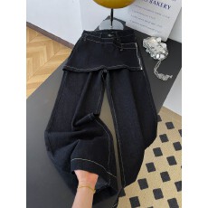 实拍~美式辣妹设计感错位拼接屁帘裙裤女时尚假两件微喇叭拖地裤