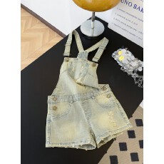 复古水洗磨破浅蓝色牛仔背带短裤女夏季辣妹修身弹力连体超短裤