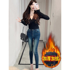 批发韩版秋冬季抓绒保暖<b class='q'>小脚牛仔裤</b>女2026新款百搭复古蓝色九分铅笔裤