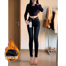 批发辣妹加绒复古做旧高腰<b class='q'>牛仔</b><b class='q'>铅笔裤</b>女秋冬性感弹力紧身九分提臀裤子