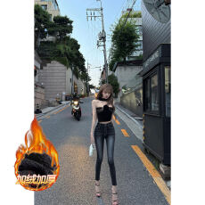 批发辣妹性感波纹水洗紧身牛仔铅笔裤女秋冬加绒性感高腰弹力小脚长裤