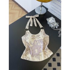 批发实拍~复古花卉植物印花扣环挂脖背心女辣妹性感系带修身无袖上衣