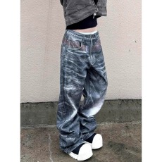 批发美式复古印花水波纹豹纹双腰带<b class='q'>牛仔裤</b>男女街头vibe直筒显瘦弯刀裤