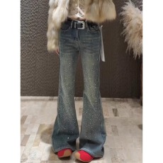 批发大码美式复古辣妹满天星烫钻<b class='q'>牛仔裤</b>女春季新款<b class='q'>修身</b>显瘦微喇拖地裤