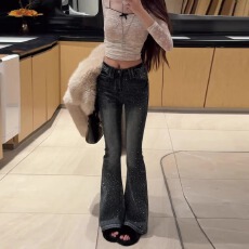 批发美式复古时尚满天星亮钻<b class='q'>牛仔裤</b>子女辣妹设计感小众微喇叭拖地长裤