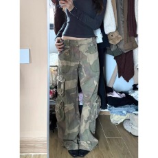 批发美式vibe复古<b class='q'>迷彩</b>印花工装多口袋牛仔<b class='q'>裤</b>男女高街宽松显瘦阔腿长<b class='q'>裤</b>