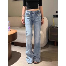 批发大码美式复古豹纹拼接水洗牛仔<b class='q'>裤</b>女设计感百搭直筒<b class='q'>修身</b>显瘦长<b class='q'>裤</b>子