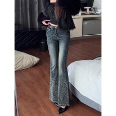 批发复古蓝满天星闪钻微喇<b class='q'>牛仔裤</b>女2026春季新款小个子高腰显瘦<b class='q'>喇叭</b><b class='q'>裤</b>