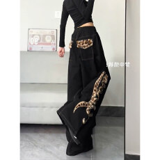 批发美式辣妹小众设计感豹纹拼接<b class='q'>牛仔裤</b>子<b class='q'>女</b>复古宽松bf慵懒风拖地长裤