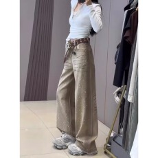 批发辣妹满天星亮闪闪烫钻牛仔<b class='q'>阔腿裤</b>女春季<b class='q'>气质</b>小个子褶皱直筒长<b class='q'>裤</b>子