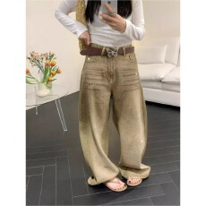 批发辣妹卡其色爆闪烫钻牛仔<b class='q'>阔腿裤</b>女春季<b class='q'>气质</b>小个子垂感百搭弯刀长<b class='q'>裤</b>