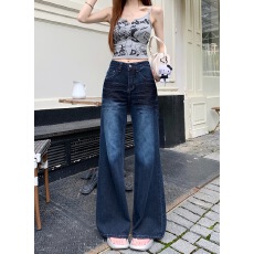 批发实拍~美式小个子简约复古深蓝<b class='q'>牛仔裤</b>女高腰修身显瘦百搭直筒长裤