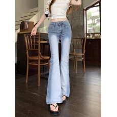 批发实拍~美式复古小个子水洗辣妹低腰微喇裤女弹力修身显瘦喇叭长裤