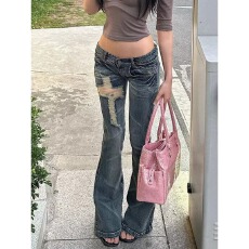 批发美式设计感十字架破洞水洗微喇<b class='q'>牛仔裤</b>女夏季辣妹低腰喇叭拖地裤子