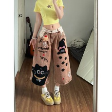 批发卡通猫咪牛仔七分裤女夏新款宽松毛巾刺绣撞色做旧水洗阔腿短裤子