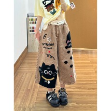 批发卡通猫咪毛巾刺绣牛仔七分裤裤子女款2026夏季新款宽松阔腿短裤潮