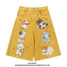 批发美式复古童趣卡通刺绣牛仔中裤女夏季潮牌宽松情侣休闲百搭阔腿裤