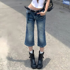 批发美式复古微喇古早七分裤女夏季辣妹做旧<b class='q'>水洗</b>微喇叭牛仔中裤短裤子