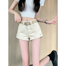 批发米白色高腰牛仔<b class='q'>短裤</b>女夏季辣妹卷边<b class='q'>热裤</b>高腰显瘦百搭阔腿直筒<b class='q'>热裤</b>