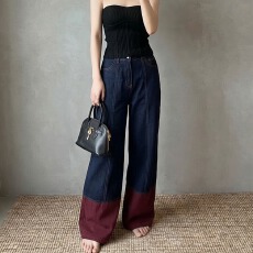 批发夏季新款慵懒风高腰显瘦宽松阔腿<b class='q'>牛仔裤</b>女设计感休闲直筒拖地长裤