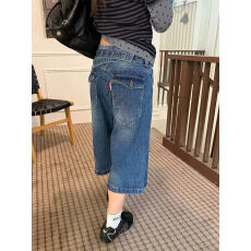 批发美式竹节纹<b class='q'>七分裤</b>牛仔裤<b class='q'>男</b>女夏季新款做旧簿款<b class='q'>短裤</b>设计感过膝裤潮