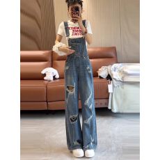 批发高个子加长美式复古牛仔背带裤<b class='q'>女</b>夏秋新款宽松连体磨破阔腿拖地裤