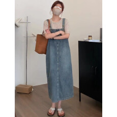 批发2026新款韩版百搭宽松春夏减龄盐系复古开叉牛仔背带裙女<b class='q'>中长款</b>