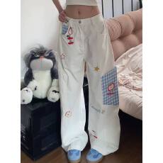 批发美式趣味苹果小狗刺绣阔腿牛仔裤<b class='q'>女</b><b class='q'>童</b>宽松直筒梨形身材牛仔阔腿裤