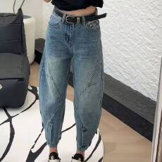 批发解构拼接工装裤设计感弯刀牛仔裤女春秋遮肉显瘦宽松九分<b class='q'>哈伦</b>裤子